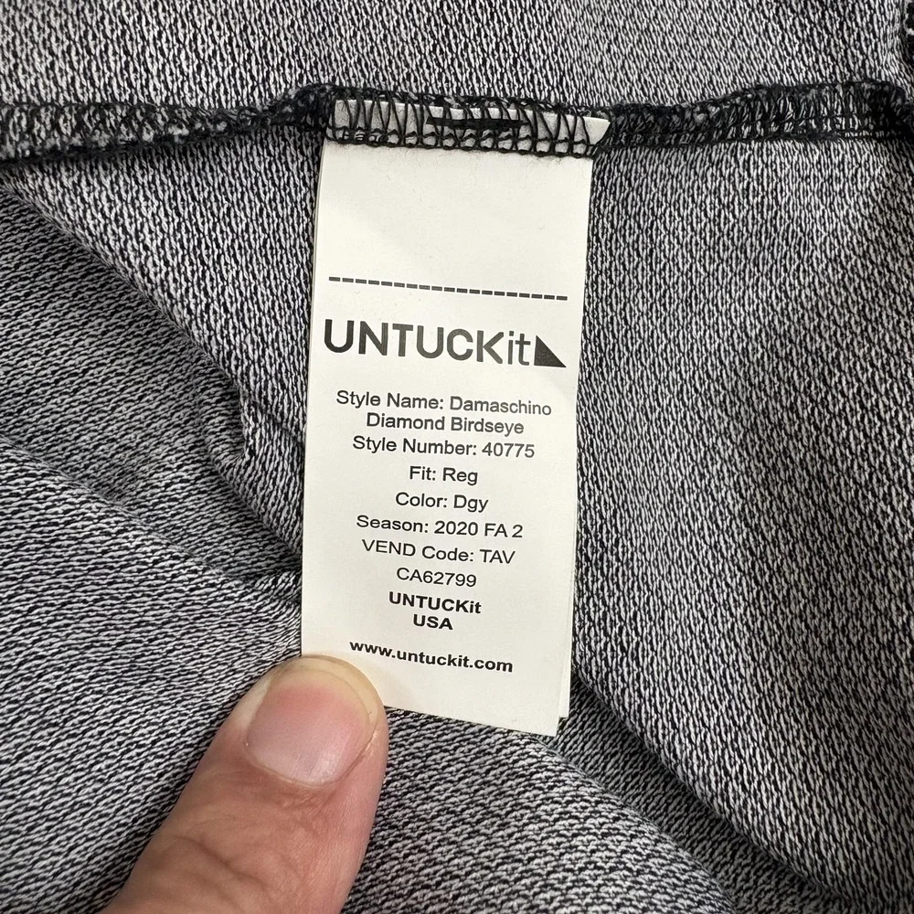 UNTUCKit Polo Shirt Mens L Damaschino Gray Diamond Birdseye Long Sleeve Reg Fit